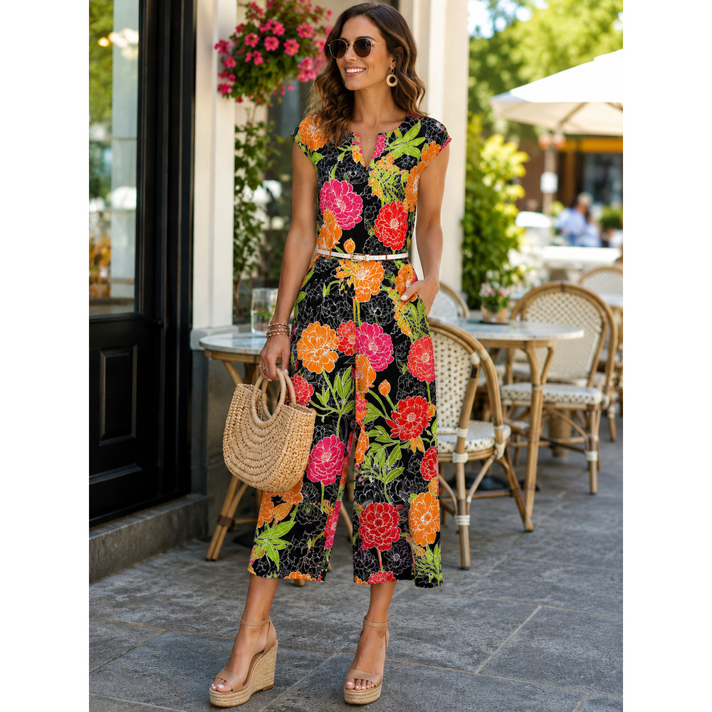 Tacera Floral Jumpsuit Cropped Wide Leg Belted Black Pink Orange back Zip Size M